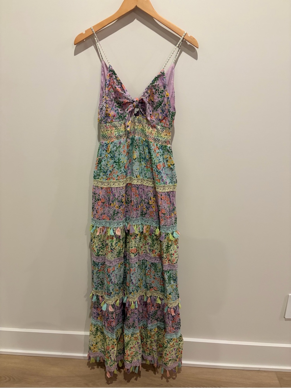 Alice + Olivia Karolina Tie Front Tiered Maxi Dress with Tassels 6